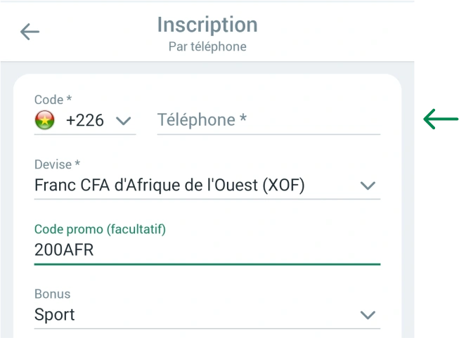 Processus d'Inscription par numéro de téléphone Betwinner Apk Burkina Faso
